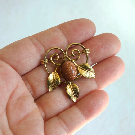 Vintage Goldstone & 12K Gold Filled Brooch - Leav… - image 3