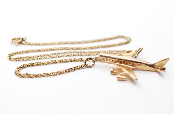 Vintage 14K Gold Airplane Pendant on Chain - Neck… - image 3
