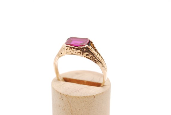 Edwardian Emerald Cut Pink Stone Ring - 1/10 14K … - image 9