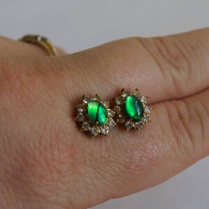 Vintage Shell and Rhinestone Earrings Green Shell Abalone Gold Colorless Stone Oval Stud image 4