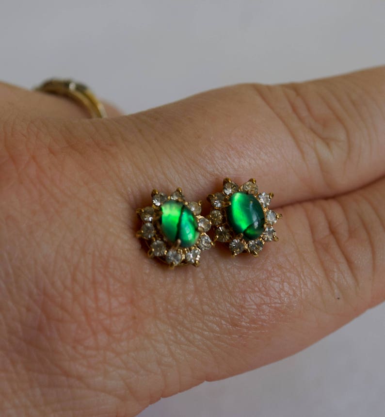 Vintage Shell and Rhinestone Earrings Green Shell Abalone Gold Colorless Stone Oval Stud image 4