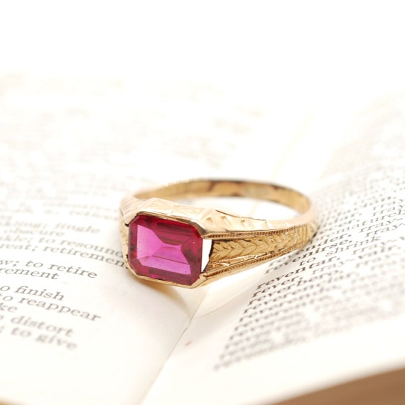 Edwardian Emerald Cut Pink Stone Ring - 1/10 14K … - image 4