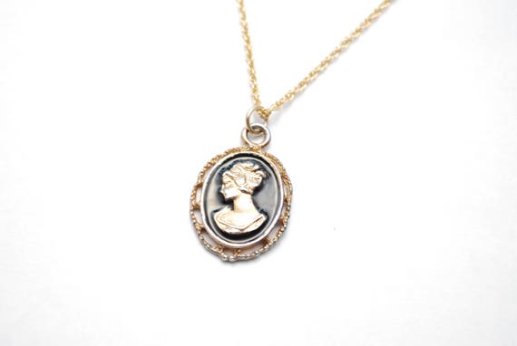 Vintage Enamel and Gold Tone Cameo Pendant Neckla… - image 2