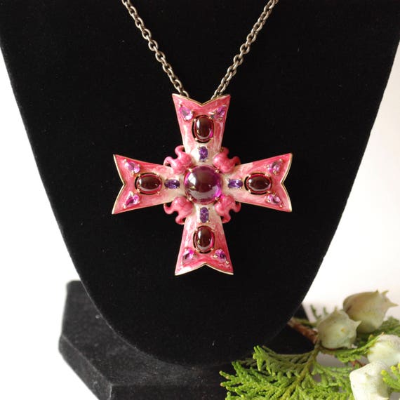 Bright Pink Maltese Cross Pendant - Pink and Purp… - image 9