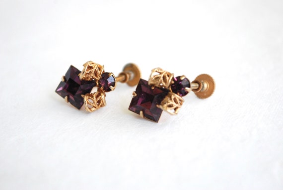 Purple Vintage Rhinestone Screw Back Earrings - F… - image 3