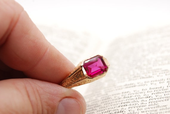 Edwardian Emerald Cut Pink Stone Ring - 1/10 14K … - image 10