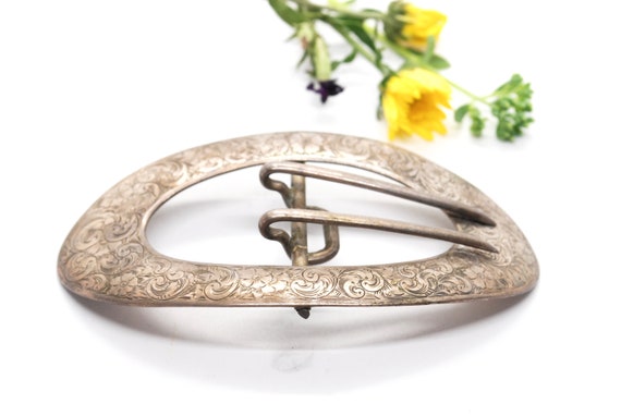 Edwardian Sterling Silver Buckle - Floral Etched … - image 10
