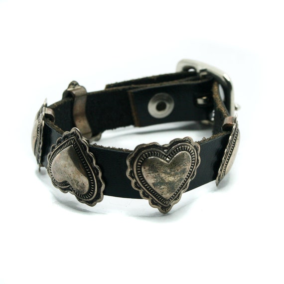 Vintage Sterling Silver heart and Leather Bracele… - image 4