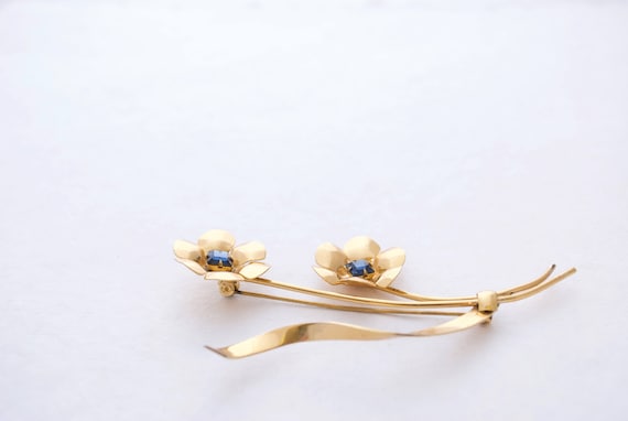 Vintage CORO Sterling Gold Tone Blue Stone Flower… - image 2