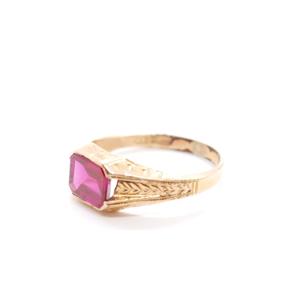 Edwardian Emerald Cut Pink Stone Ring - 1/10 14K … - image 1