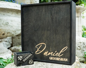Wedding Cufflinks & Tie Clip Set with Engraved Wooden Box