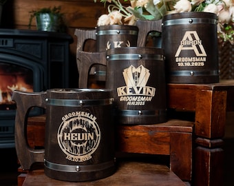 Custom Groomsmen Gifts, Engraved Beer Mug, Wooden Tankard