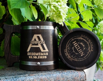 Wooden Beer Mugs for the Best Man and Groomsmen, engraved tankards