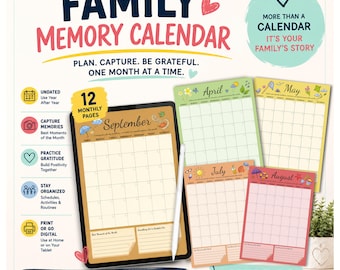 Erinnerungskalender für die Familie | Undatierter Monatsplaner, Dankbarkeit Journal & Familien Organizer Printable