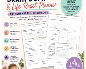 Brain Dump & Life Reset Planner for Moms | Mental Load Organizer, Overwhelm Workbook, Self Care + Weekly Reset Printable