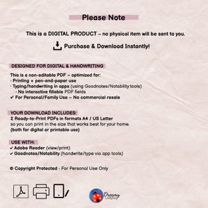 May include: A digital product information sheet with black text on a light beige background. It states this is a non-editable PDF for printing or digital use in apps like Goodnotes. It includes A4 and US Letter formats and copyright notice.