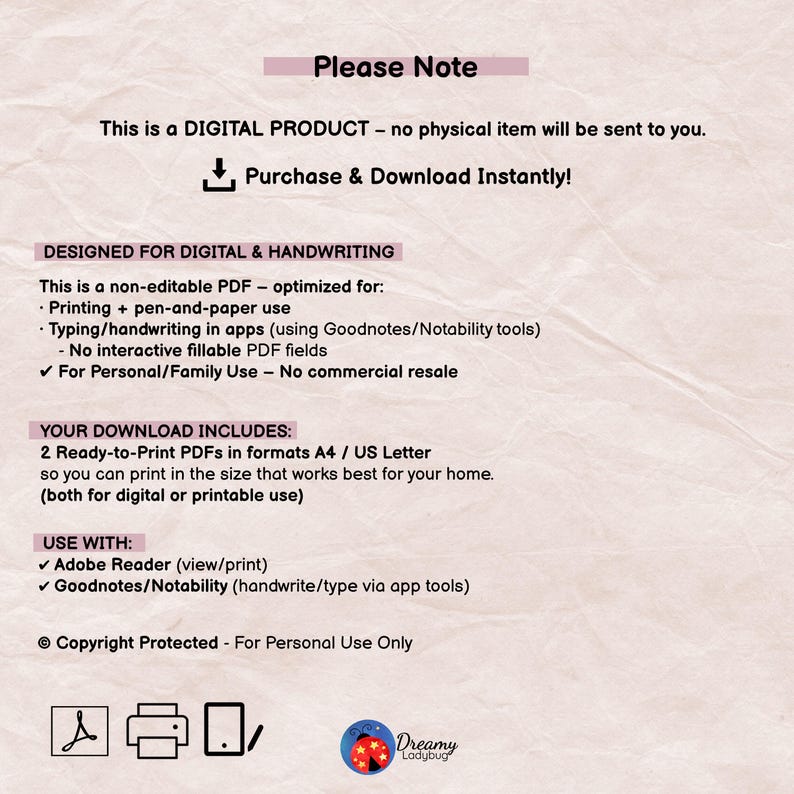 May include: A digital product information sheet with black text on a light beige background. It states this is a non-editable PDF for printing or digital use in apps like Goodnotes. It includes A4 and US Letter formats and copyright notice.