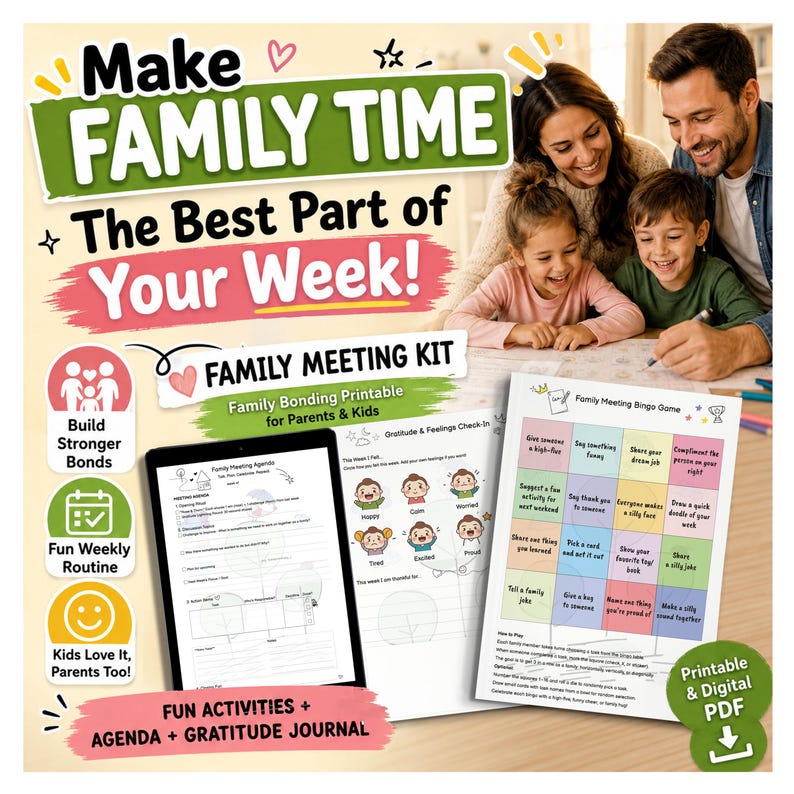May include: A family meeting kit featuring a digital tablet displaying a meeting agenda, a gratitude and feelings check-in sheet, and a family meeting bingo game. The text reads Make Family Time The Best Part of Your Week and Family Meeting Kit.