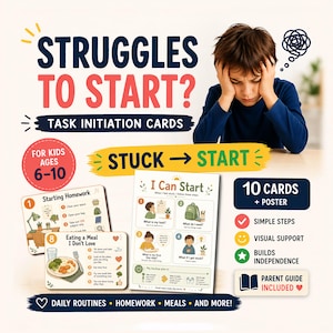 May include: Task initiation cards for kids aged 6-10, featuring a boy with his head in his hands. The cards offer simple steps and visual support for daily routines, homework, and meals. Includes a poster and parent guide.