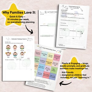 May include: A set of printed family meeting planning sheets including a Family Meeting Agenda, a Gratitude and Feelings Check-In with illustrated emotion icons, and a colorful Family Meeting Bingo Game grid with various activity prompts.