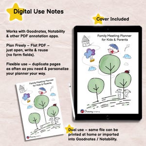 May include: A digital Family Meeting Planner for Kids & Parents displayed on a tablet and a printed page. The planner features a whimsical tree, bird, and house illustration with the text DreamyLadybug. It is compatible with Goodnotes and Notability.