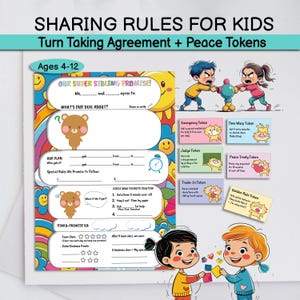 Contrato de comportamiento infantil: reglas para compartir entre hermanos y acuerdo de turnos con fichas para la resolución de conflictos (imprimible)