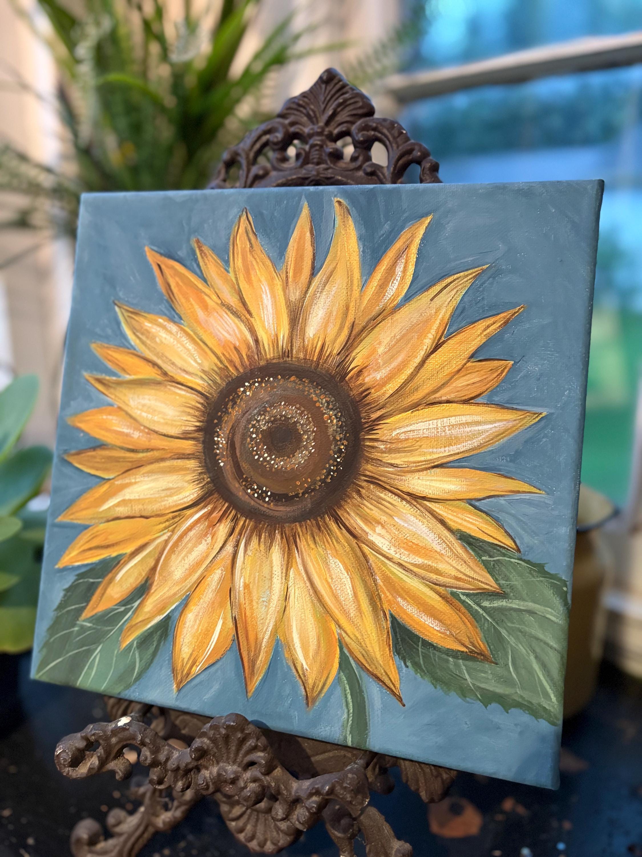 オリジナルアクリルひまわり絵画、10x10 ストレッチキャンバス、ホーム