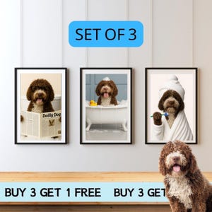 Funny Dog Bathroom Art Set of 3 Prints, Custom Pet Portraits for Bathroom Wall, Dog in Bathtub, Toilet, Reading Newspaper Decor