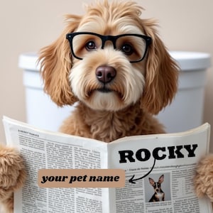 Custom Pet Portrait Photo,Funny Bathroom Art,Dog Reading Newspaper on Toilet,Dog Wall Art,Dog in Toilet,Pet in Bathtub,Personalized pet gift