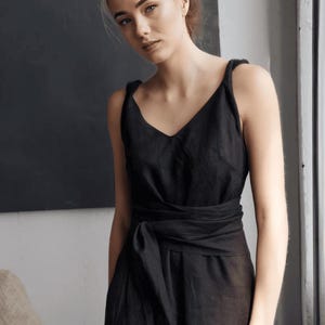 Elegant Black Linen Dress, Deep V-Neck, Adjustable Belt, Minimalist Summer Style, Linen Dress, C17