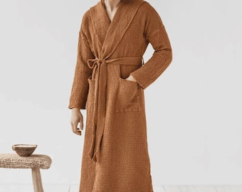 Herren Waffelgewebe Leinen Robe mit Kapuze, leichte stonewashed Leinen-Baumwolle, entspanntes Spa & Morgen Loungewear, C8