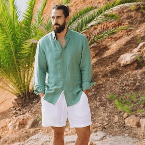 Linnen herenshirt, lichtgewicht stonewashed linnen kleding, oversized of getailleerde zomertop, casual strand- of bruiloftshirt, C9
