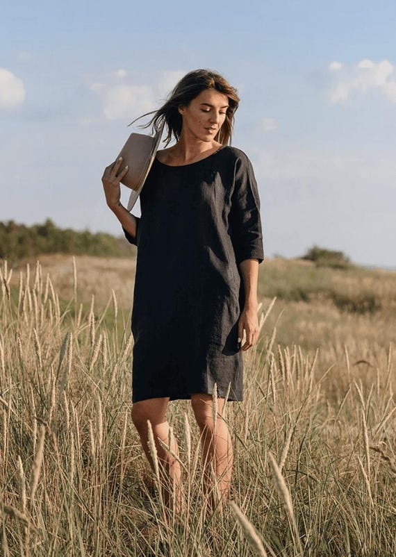 linen trapeze dress Loose Fit Linen Dress: Black Trapeze Silhouette, 3/4 Sleeve, C14