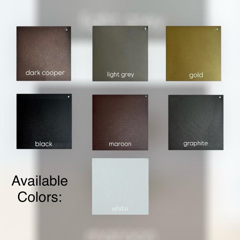 May include: A display of square metal samples in various colors, including dark copper, light grey, gold, black, maroon, graphite, and white. The text "Available Colors:" is displayed below the samples.
