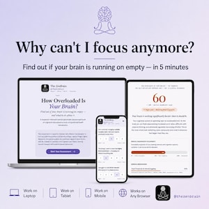 Può includere: Un portatile, uno smartphone e un tablet che mostrano il sito web The ZenBrain. Il testo recita Why can't I focus anymore? Find out if your brain is running on empty — in 5 minutes. L'interfaccia mostra strumenti di valutazione, un punteggio di 60 e icone.