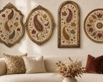 Kashmiri Paisley Floral Wall Art Set, Gold Ornate Frames (Digital Download)