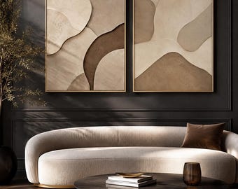 Set of 2 Neutral Abstract Textured Art Prints, Beige Organic Shapes (Digital Download)