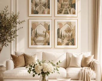 Modern Mughal Wall Art Set, Neutral Palace Garden Prints (Digital Download)
