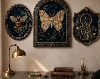 Victorian Embroidery Wall Art Set, Gothic Insect Prints, Steampunk Bee Moth Keyhole (Digital Download)