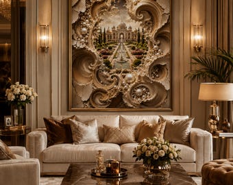 Mughal Palace Garden Wall Art, Beige Brown 3D Textured