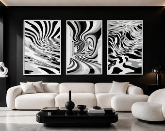 Black and White Abstract Wall Art Set, Modern Monochrome Optical Illusion (Digital Download)