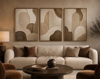 Textured Abstract Wall Art Set, Beige Brown Plaster Prints (Digital Download)