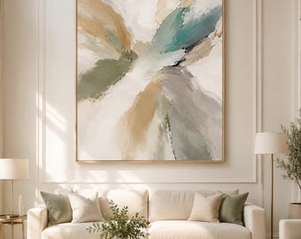 Neutral Abstract Wall Art, Beige Teal Modern Print, Minimalist Vertical Poster (Digital Download)