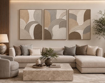 Set of 3 Textured Abstract Wall Art, Beige Brown Grey Arches (Digital Download)