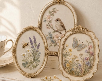 Vintage Embroidery Wall Art Set, Bee, Bird, Butterfly Prints (Digital Download)