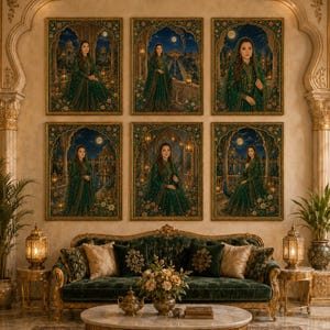May include: Six framed portraits of a woman in a green dress hang on a wall above a green velvet sofa. The portraits depict the woman in various poses against a backdrop of a moonlit garden. The room features gold accents, a marble coffee table, and ornate lamps.