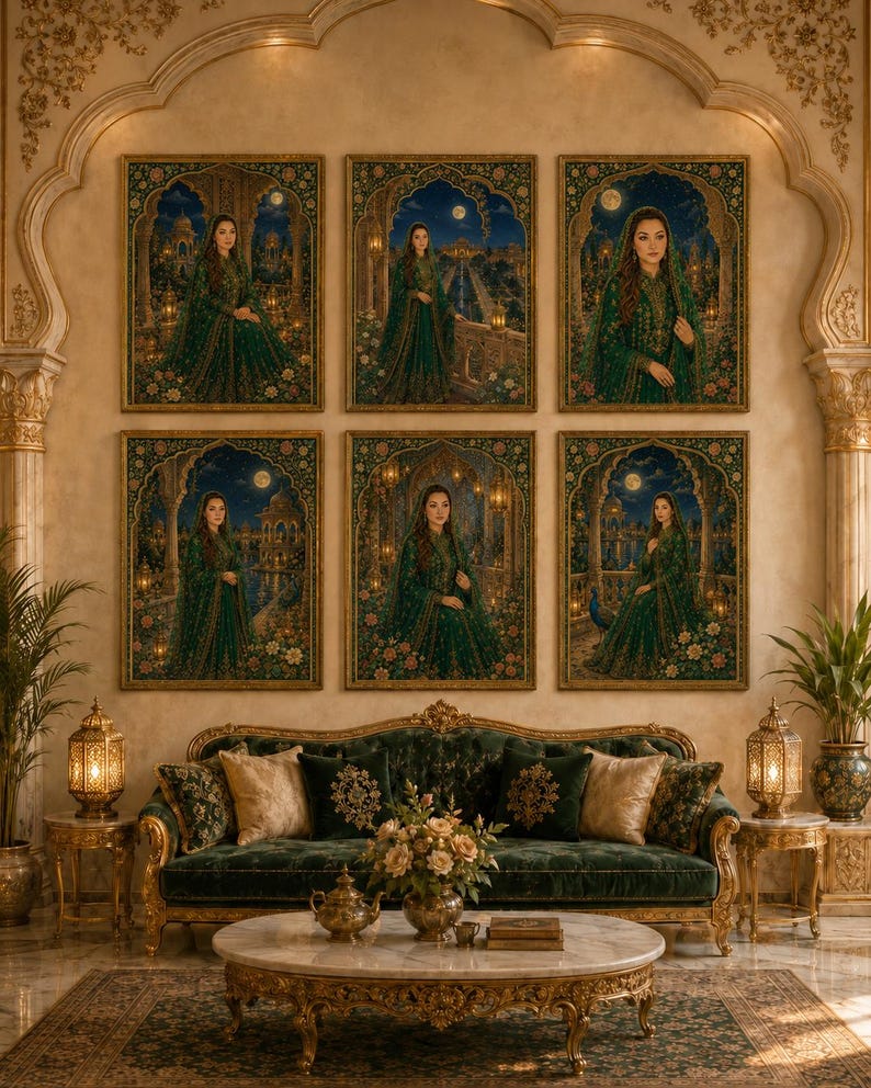 May include: Six framed portraits of a woman in a green dress hang on a wall above a green velvet sofa. The portraits depict the woman in various poses against a backdrop of a moonlit garden. The room features gold accents, a marble coffee table, and ornate lamps.