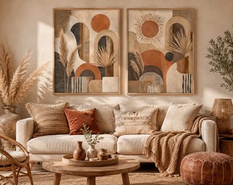 Boho Abstract Desert Sun Prints, Earth Tone Textured Wall Art (Digital Download)