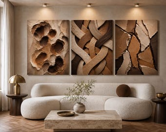 Textured Abstract Wall Art Set, Beige Brown Earth Tone Prints (Digital Download)