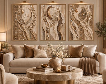 Ajrak-Inspired Textured Wall Art Set, Neutral Boho Decor (Digital Download)